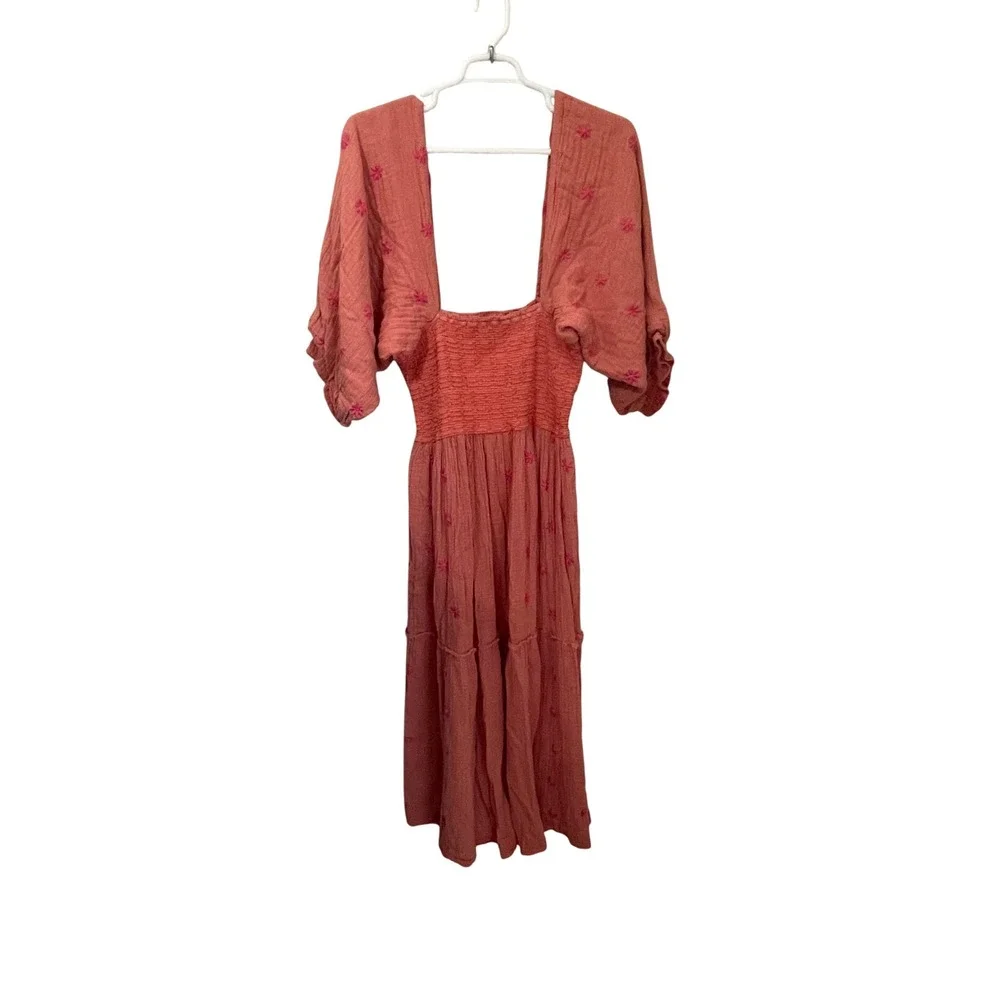 Free People XL Dahlia Embroidered Maxi Dress Coral Pink Smocked Puff Sleeve